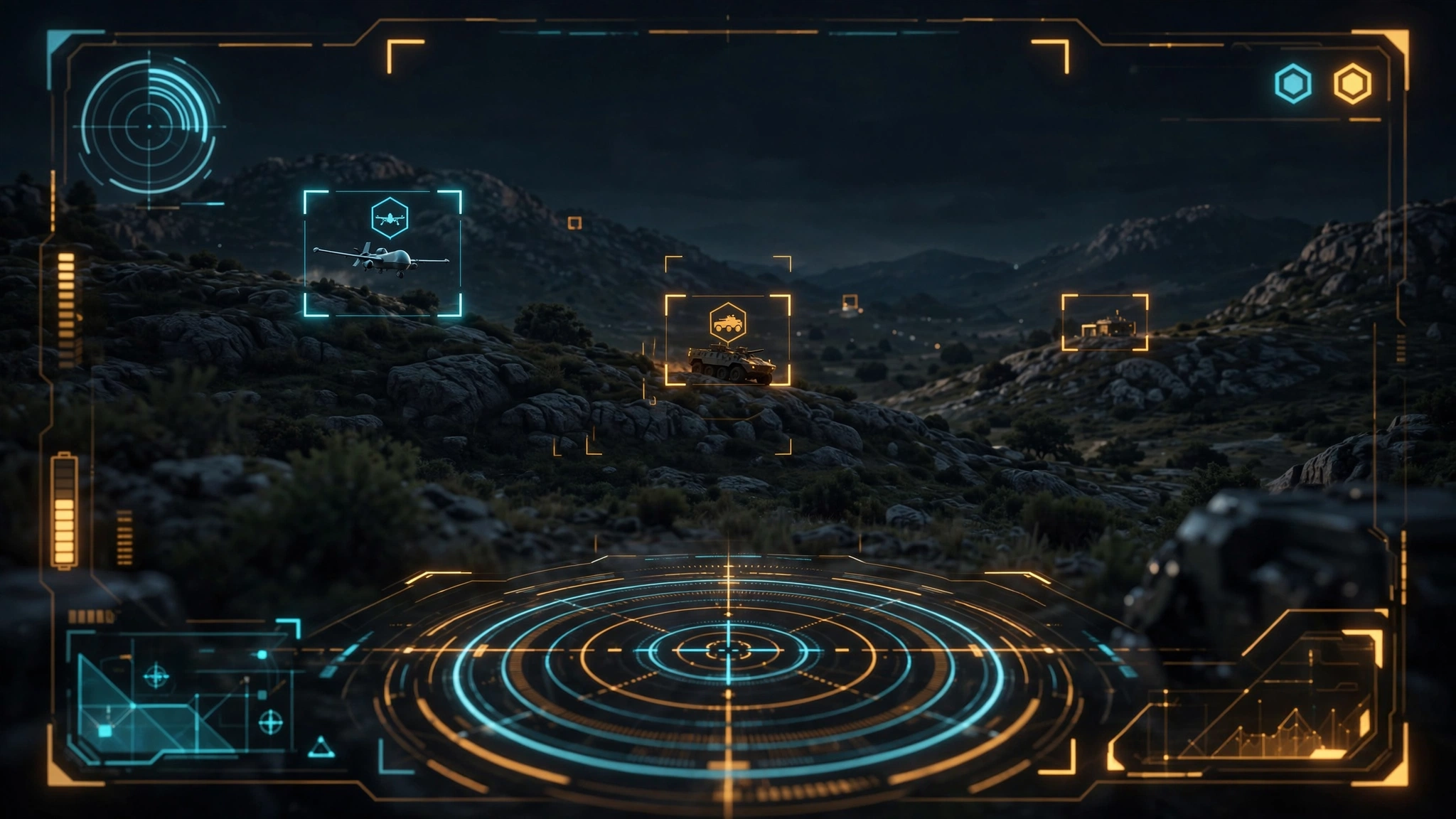 AI threat-detection view with targeting brackets tracking an approaching vehicle through the sentry optic