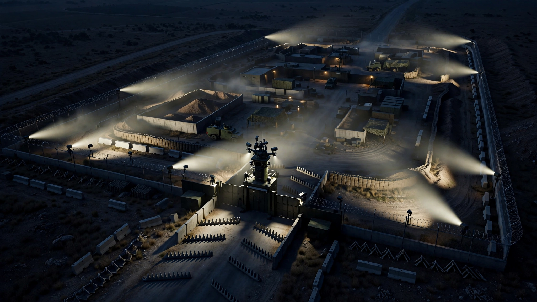 Secured military compound perimeter at night, floodlit fencing watched over by the Aegis sentry system