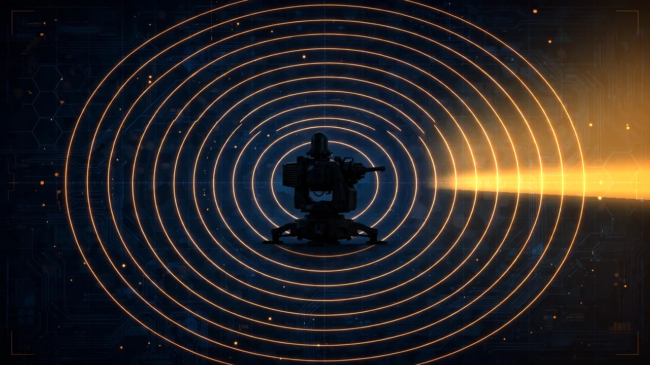 Full 360-degree radar sweep looping continuously around the sentry turret across the surrounding terrain