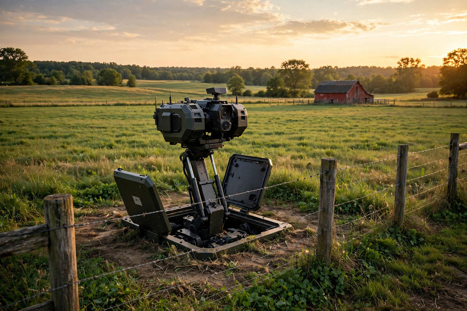 Aegis sentry turret deployed from a concealed ground hatch along a farm fence line in a field, a red barn in the distance