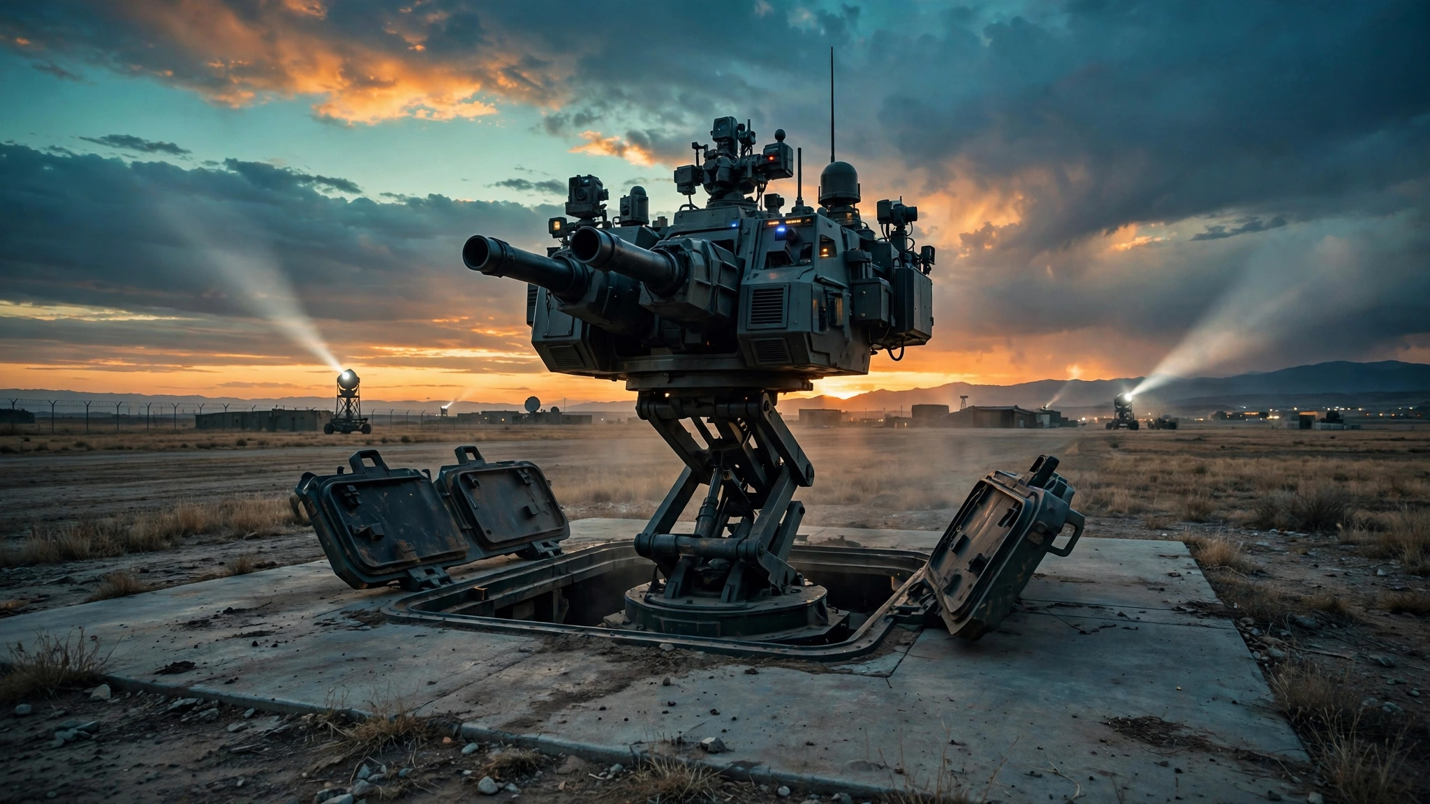 Aegis 360-degree rotating AI sentry turret deployed upward from a concealed ground hatch on a military perimeter at dusk, searchlights sweeping the horizon