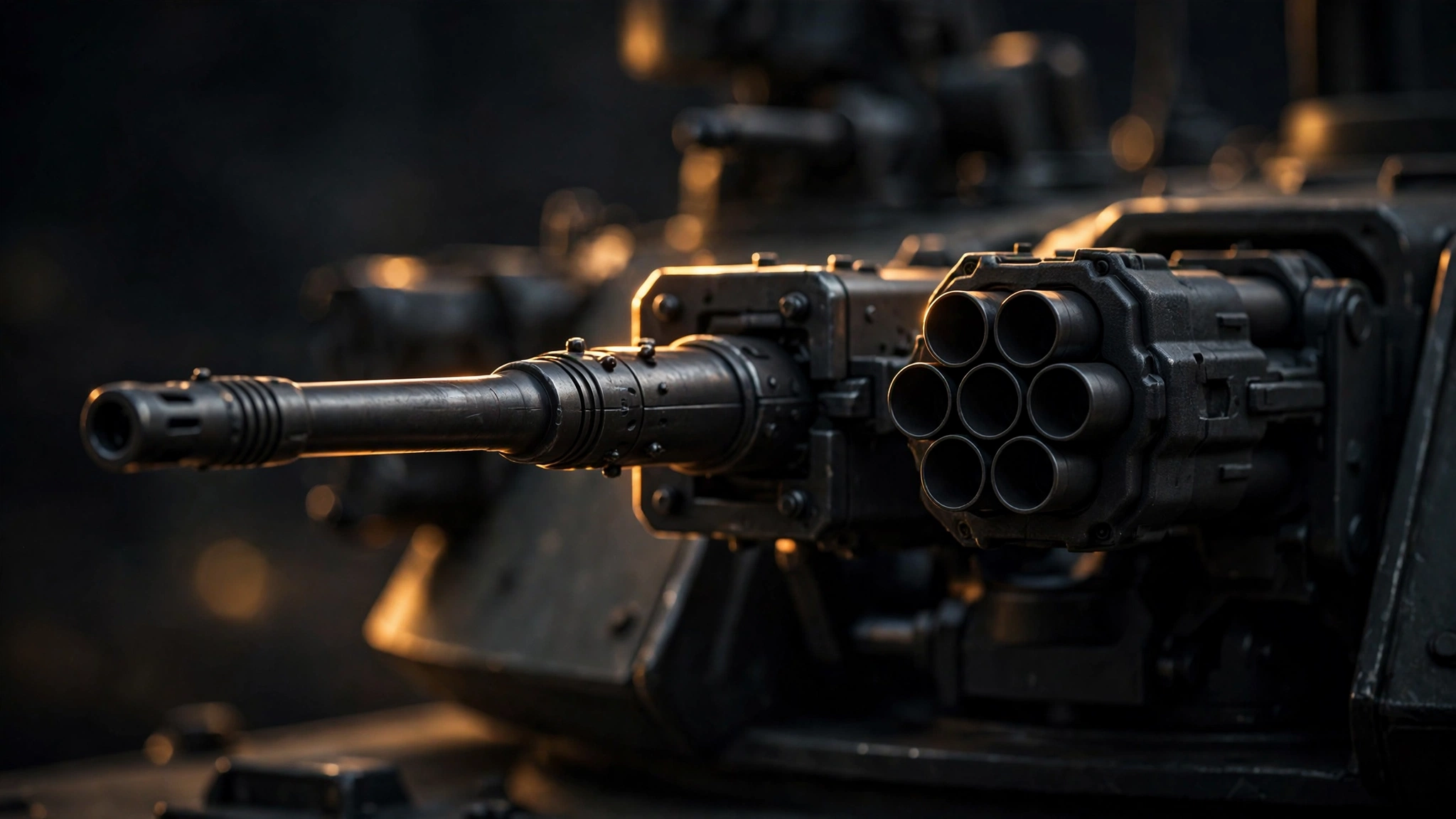 Close-up of the dual weapon pods on the Aegis sentry turret, pairing Non-Lethal and Lethal response options